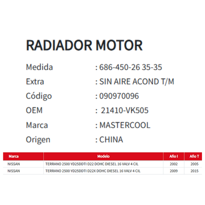 RADIADOR MOTOR NISSAN TERRANO D22 2.5 2002-2015