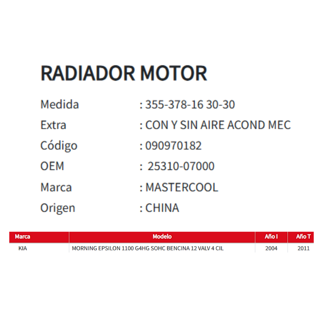 RADIADOR MOTOR KIA MORNING 1.1 2004-2011