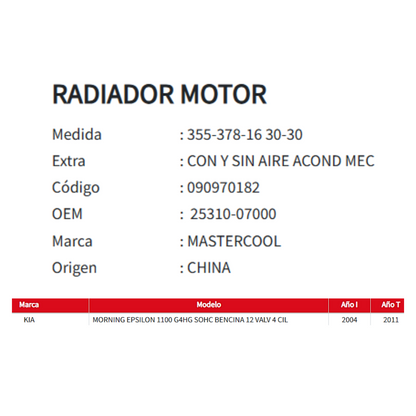 RADIADOR MOTOR KIA MORNING 1.1 2004-2011
