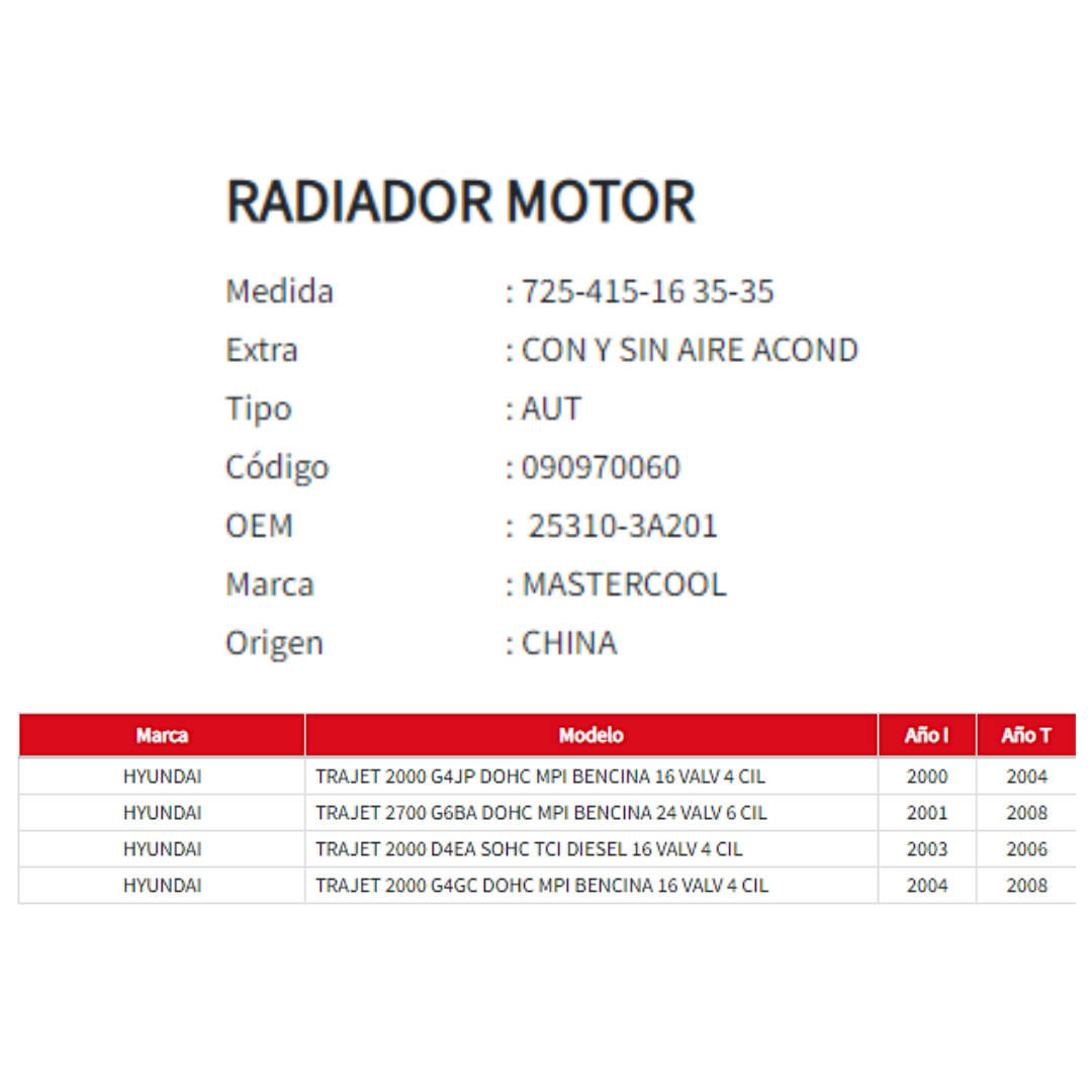Radiador Motor Hyundai Trajet 2.0 / 2.7 (2000–2008)