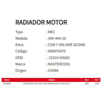 RADIADOR MOTOR  HYUNDAI I-10 1.1 2008-2014