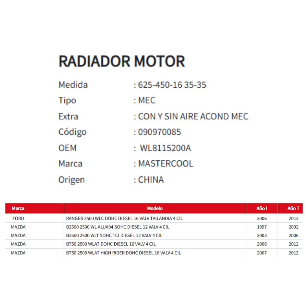 Radiador Motor Ford Ranger / Mazda B2500-BT50 2.5 (1997–2012)