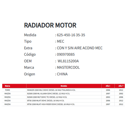 Radiador Motor Ford Ranger / Mazda B2500-BT50 2.5 (1997–2012)