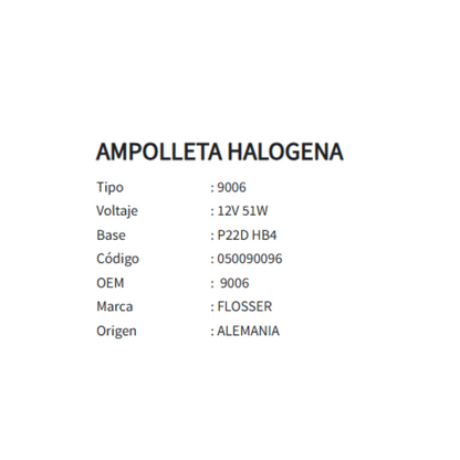 AMPOLLETA HALOGENA 9006 12V/51W  BASE P22d/HB4