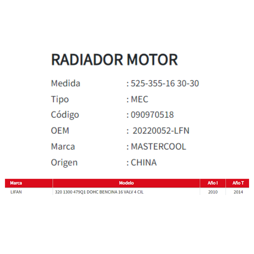 Radiador Motor Lifan 320 1.3 (2010–2014)