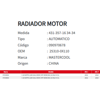 Radiador Motor Hyundai i10 Kappa 1.2 (2011–2014)