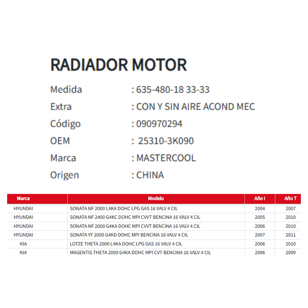 Radiador Motor Hyundai Sonata / Kia Lotze-Magentis 2.0 / 2.4 (2004–2011)