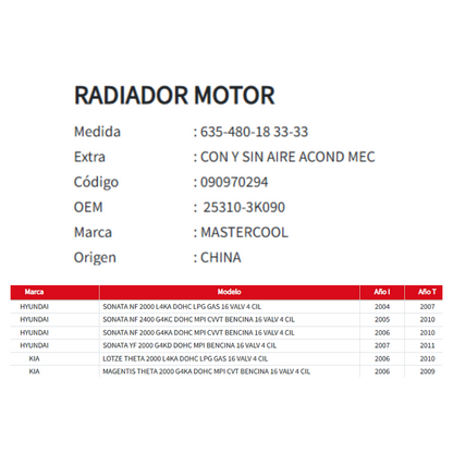 Radiador Motor Hyundai Sonata / Kia Lotze-Magentis 2.0 / 2.4 (2004–2011)