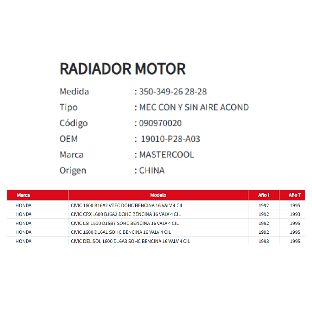 Radiador Motor Honda Civic 1.5 / 1.6 (1992–1995)