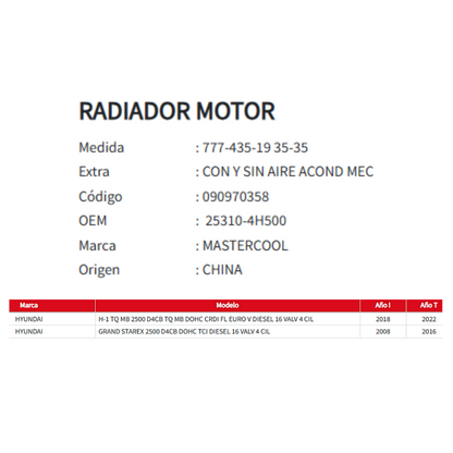 Radiador Motor Hyundai H1-Grand 2.5 (2008-2022)