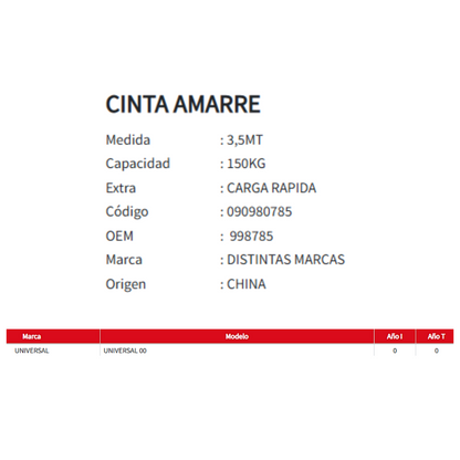 Cinta de Amarre Rápida Universal 3,5MT - 150KG de Capacidad