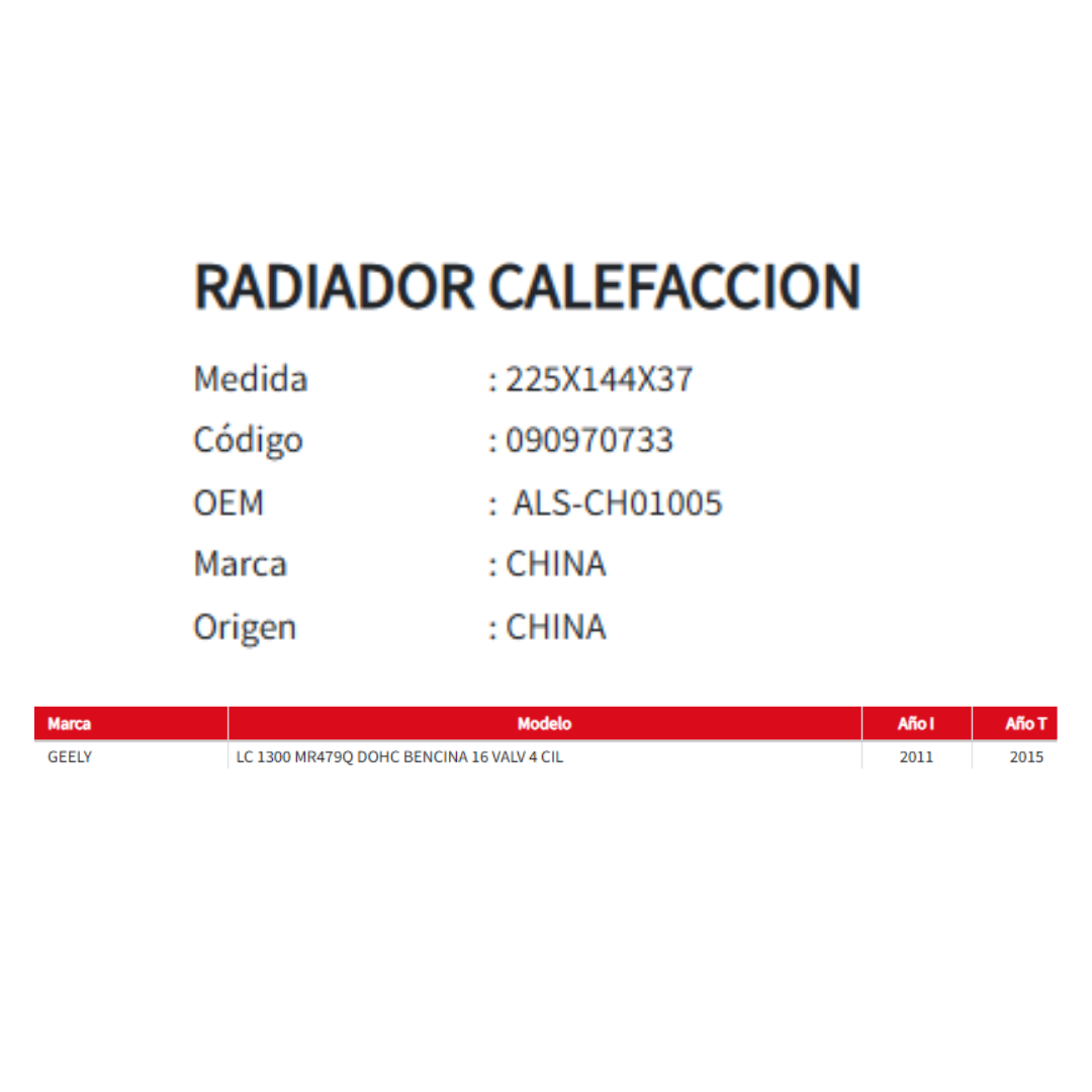 Radiador de Calefacción Geely LC 1.3 (2011–2015)