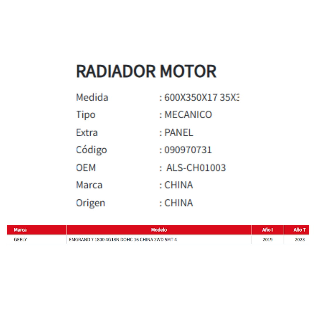 Radiador Motor Geely Emgrand 7 1.8 (2019-2023)