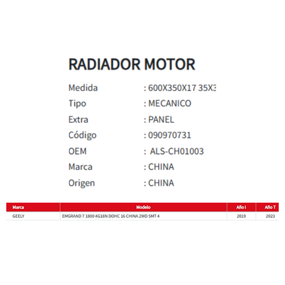 Radiador Motor Geely Emgrand 7 1.8 (2019-2023)