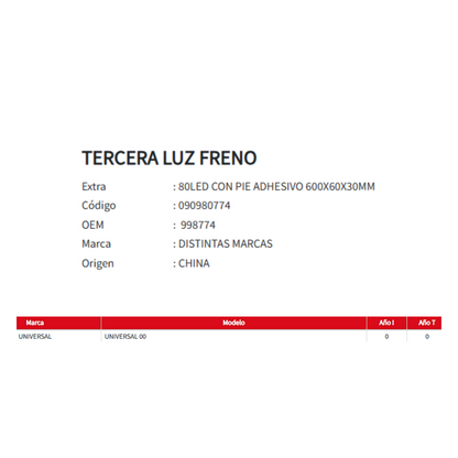 TERCERA LUZ DE FRENO / 80 LED / BASE ADHESIVA 600x60x30MM