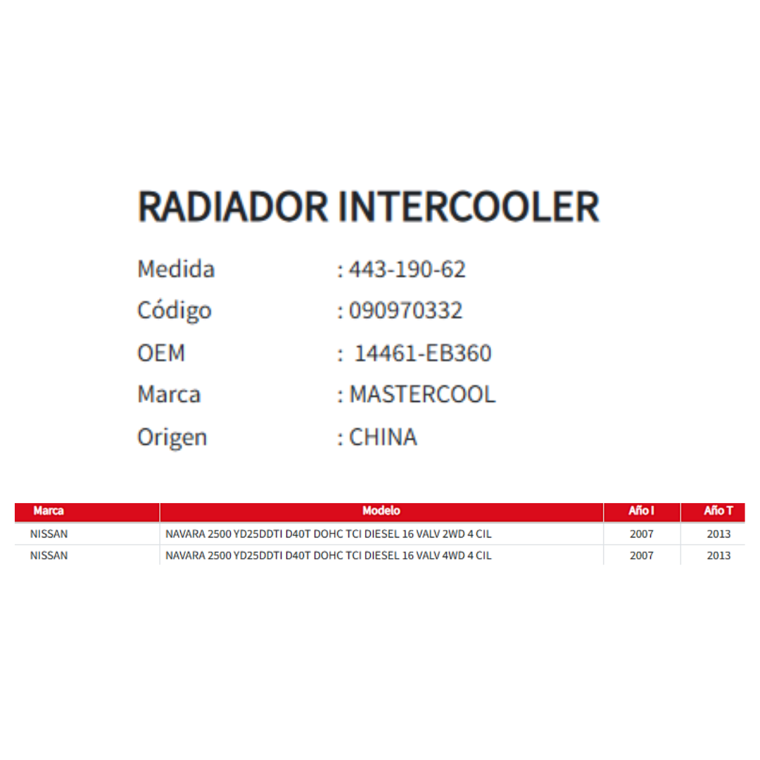 RADIADOR INTERCOOLER NISSAN NAVARA 2.5 2007-2013