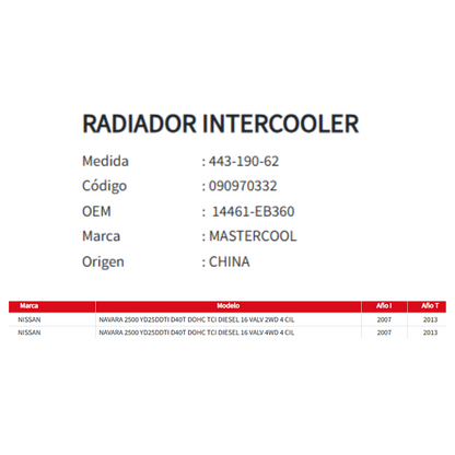 RADIADOR INTERCOOLER NISSAN NAVARA 2.5 2007-2013