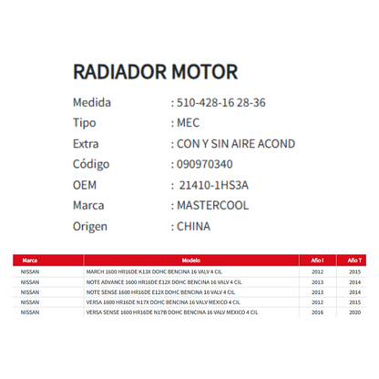 Radiador Motor Nissan March 1.6 (2012-2020)