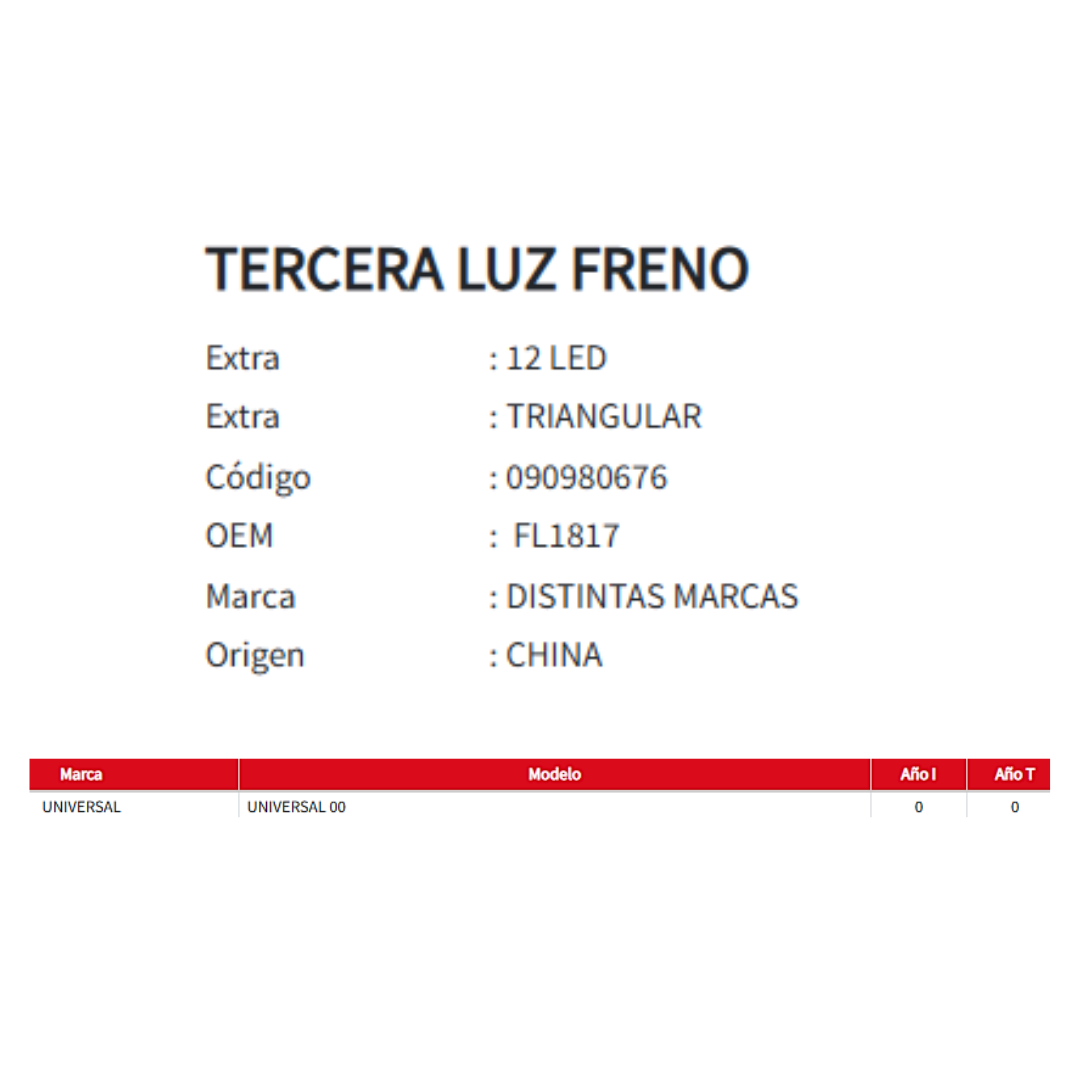 TERCERA LUZ FRENO / TRIANGULAR / 12 LED - 12x8cm UNIVERSAL