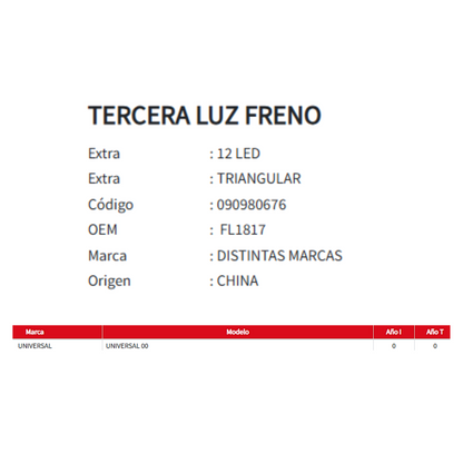TERCERA LUZ FRENO / TRIANGULAR / 12 LED - 12x8cm UNIVERSAL