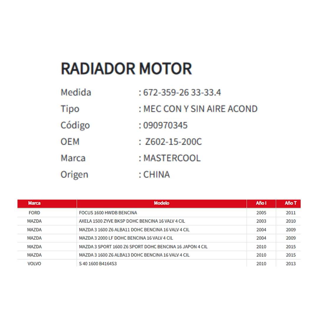 Radiador Motor Ford Focus / Mazda 3 - Axela / Volvo S40 (2003–2015)