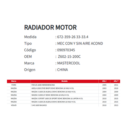Radiador Motor Ford Focus / Mazda 3 - Axela / Volvo S40 (2003–2015)