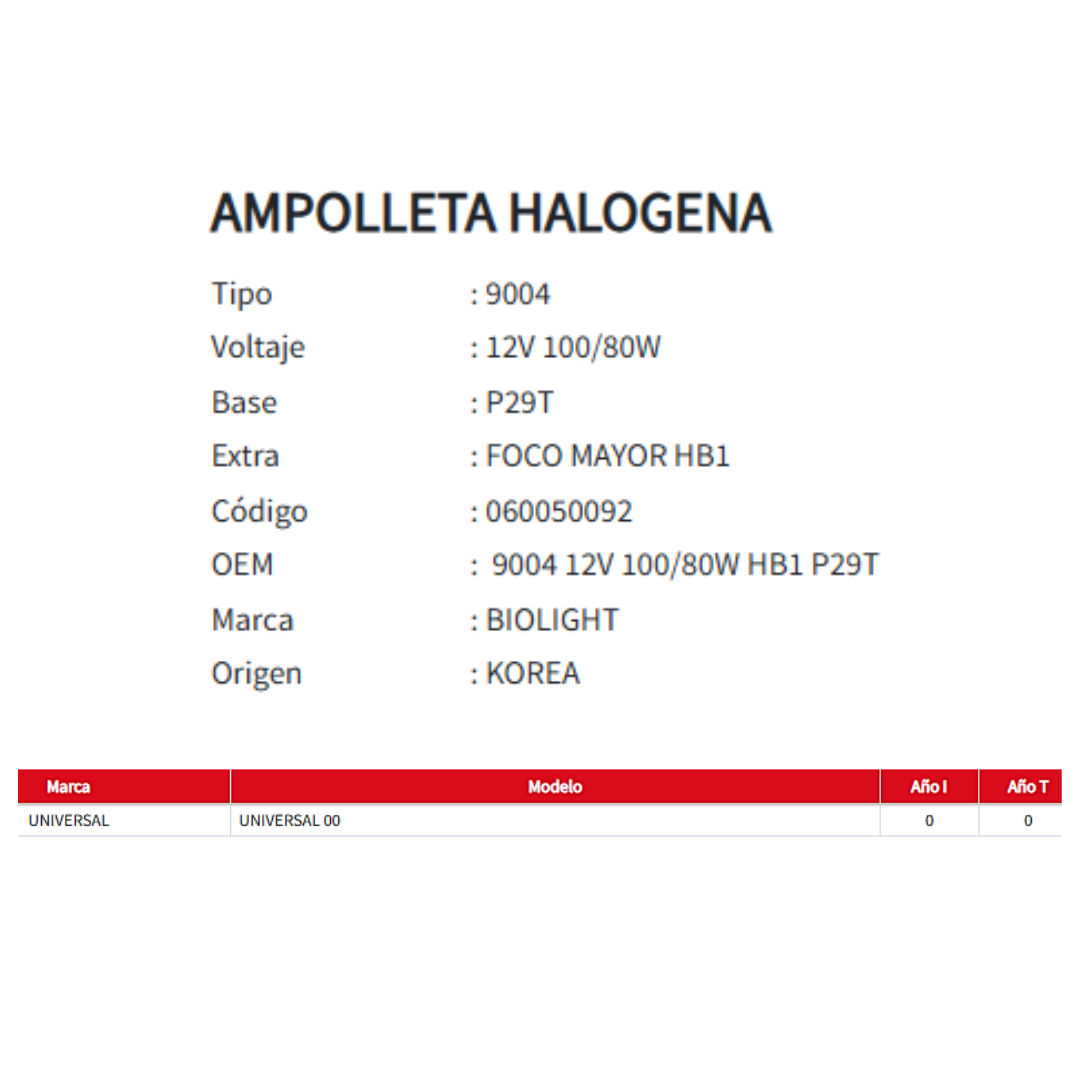 AMPOLLETA HALOGENA MOD-9004-12V 100/80W BASE P29T FOCO MAYOR