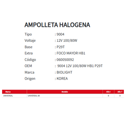 AMPOLLETA HALOGENA MOD-9004-12V 100/80W BASE P29T FOCO MAYOR