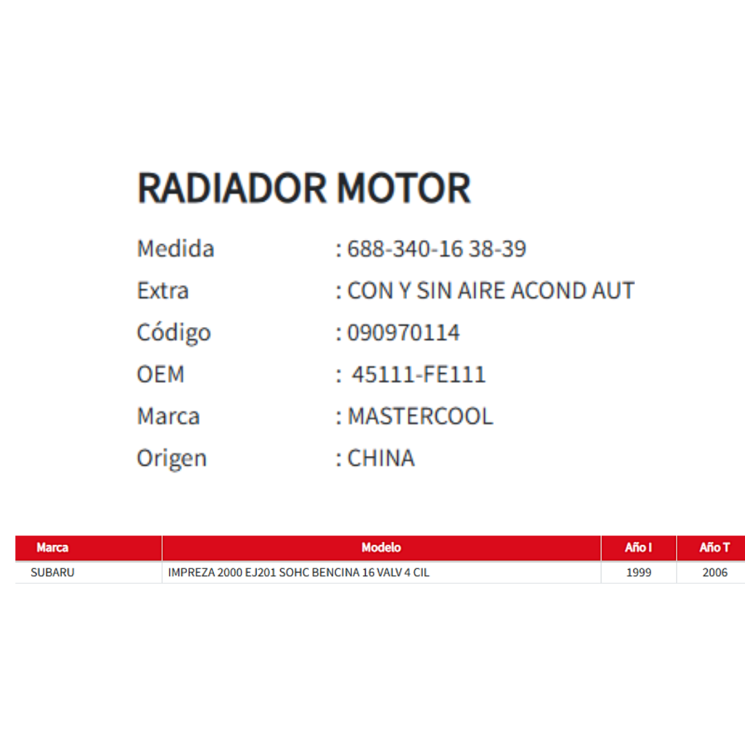 Radiador Motor Subaru Impreza 2.0 (1999 al 2006)