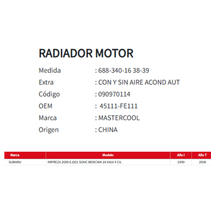 Radiador Motor Subaru Impreza 2.0 (1999 al 2006)