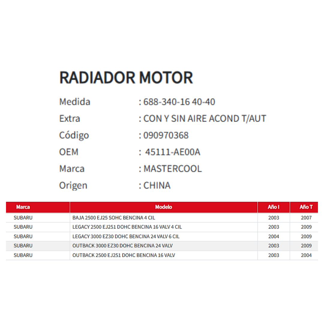 Radiador Motor Subaru Baja / Legacy / Outback (2003–2009)