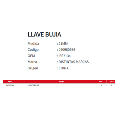 LLave de bujía de 21MM – Alta Resistencia para Uso Profesional