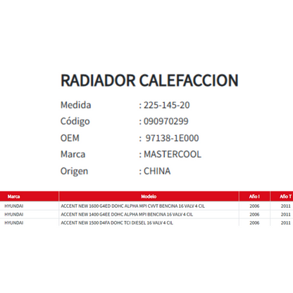 Radiador Calefaccion Hyundai New Accent 1.4/1.5