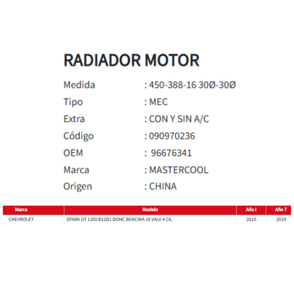 Radiador Motor Chevrolet Spark GT 1.2 L (2010 al 2019)