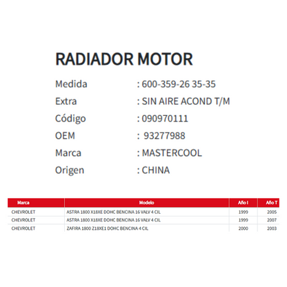 Radiador Motor Opel/chev Astra  Zafira 1.8 T/m S/acond