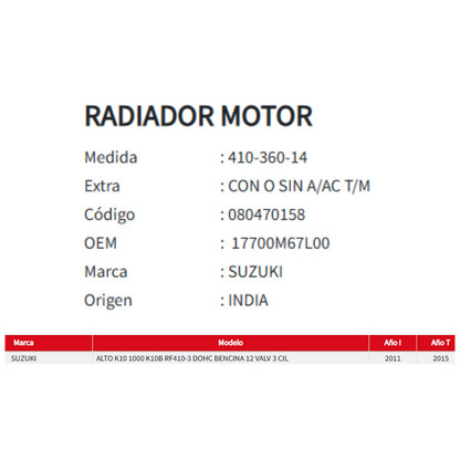 Radiador Motor Suzuki Alto K10 1.0 2011-2015