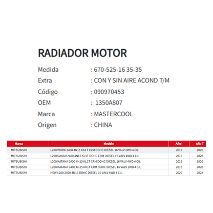 Radiador Motor Mitsubishi L200 2.4 (2016-2023)