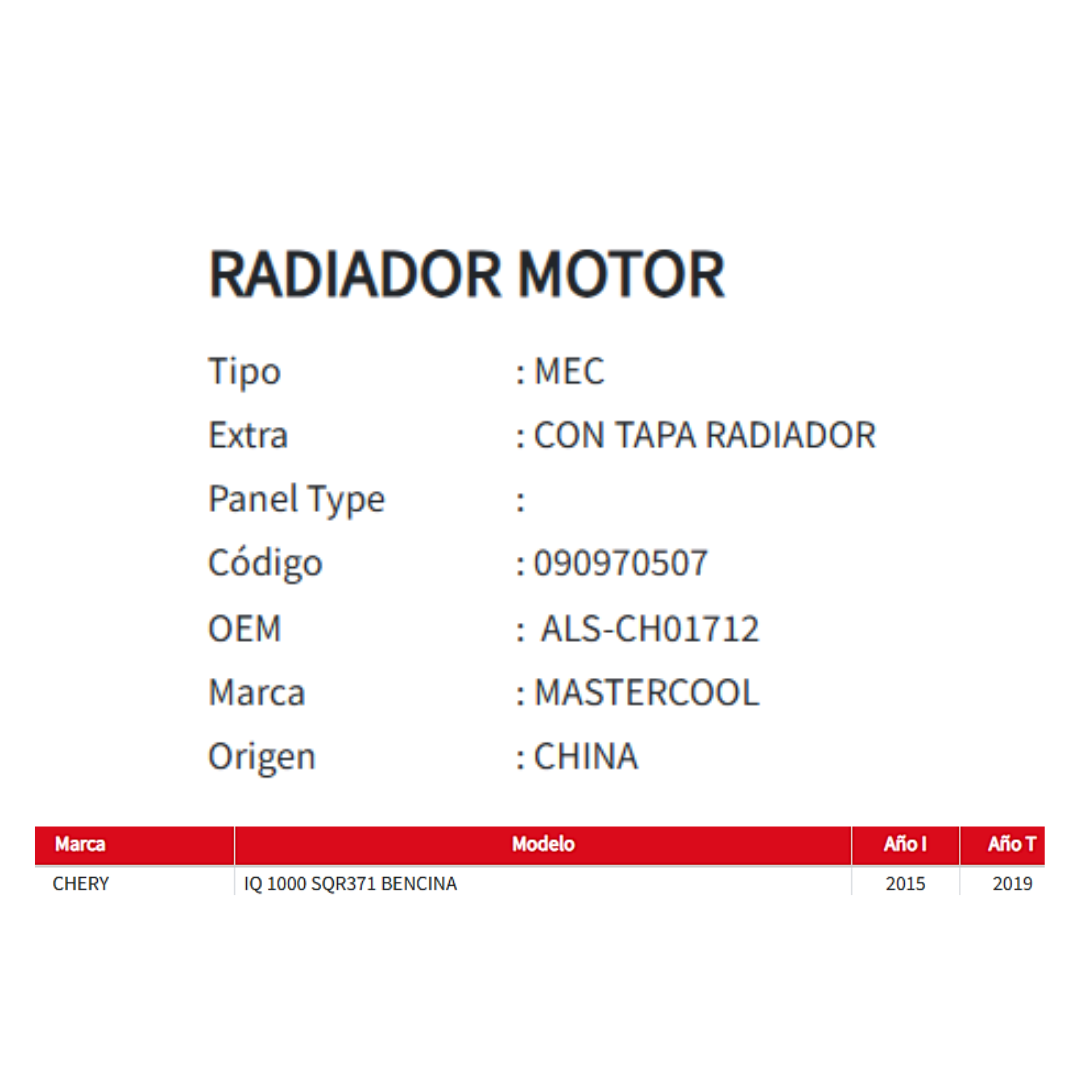 RADIADOR MOTOR CHERY IQ  1.0 2015-2019