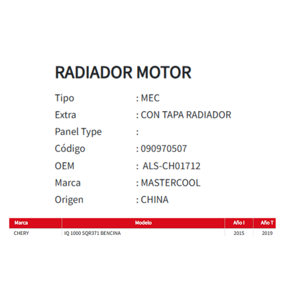 RADIADOR MOTOR CHERY IQ  1.0 2015-2019
