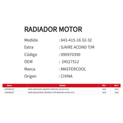 Radiador Motor Chevrolet N300 1.2 (2011–2018)