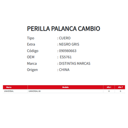 Perilla Palanca de Cambio Universal en Cuero Negro/Gris