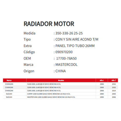 Radiador Motor Changan S100/suzuki Carry 1.0/1.3  99-16