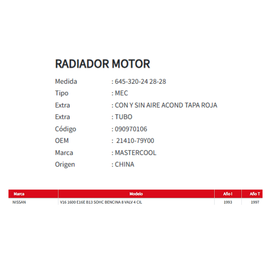 Radiador Motor Nissan V16 1.6 (1993–1997)