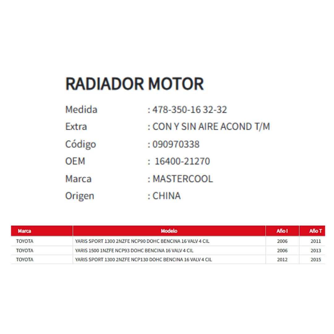 Radiador Motor Toyota Yaris 1.3 / 1.5 2006-2015
