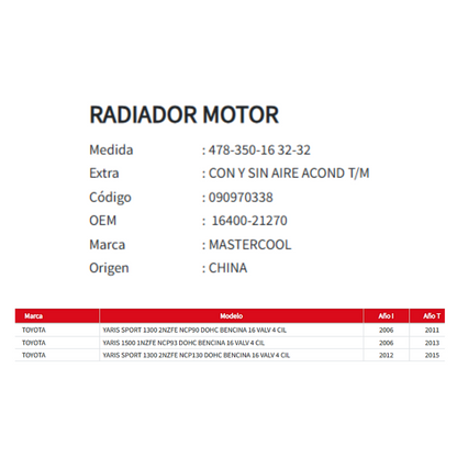 Radiador Motor Toyota Yaris 1.3 / 1.5 2006-2015