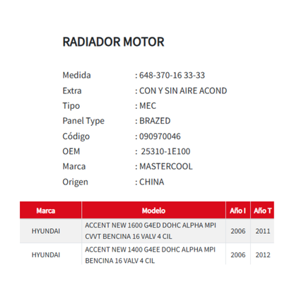 Radiador Motor Hyundai New Accent 1.4 / 1.6 2006-2012
