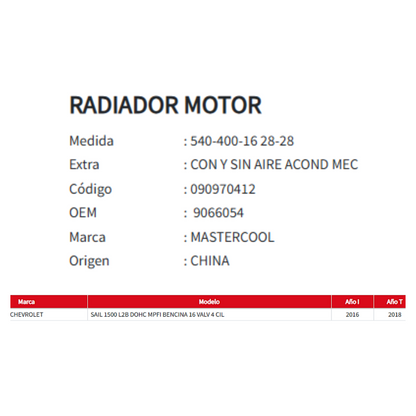 Radiador Motor Chevrolet Sail 1.5 (2016-2018)