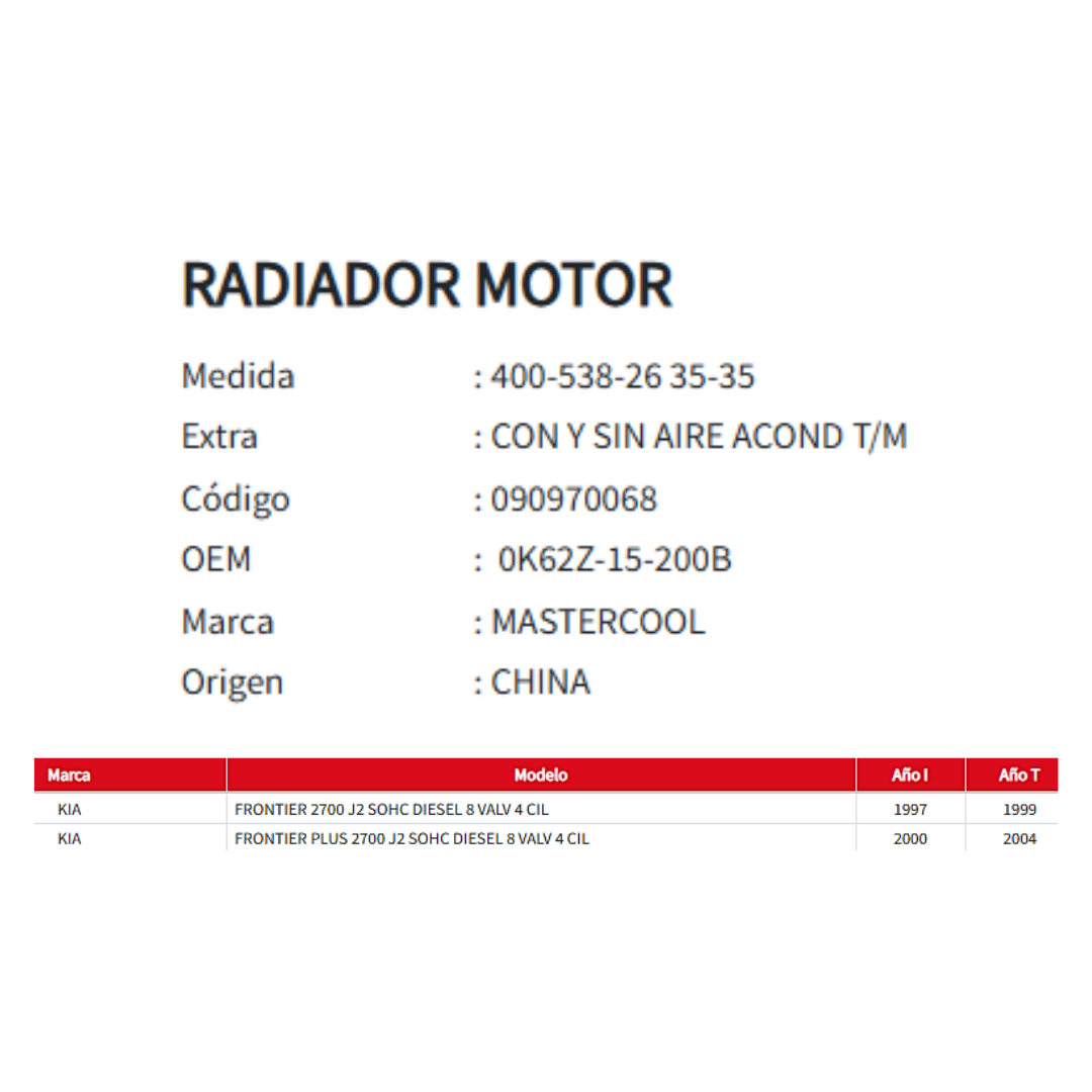 Radiador Motor Kia Frontier I - II 2.7 (1997 al 2004)