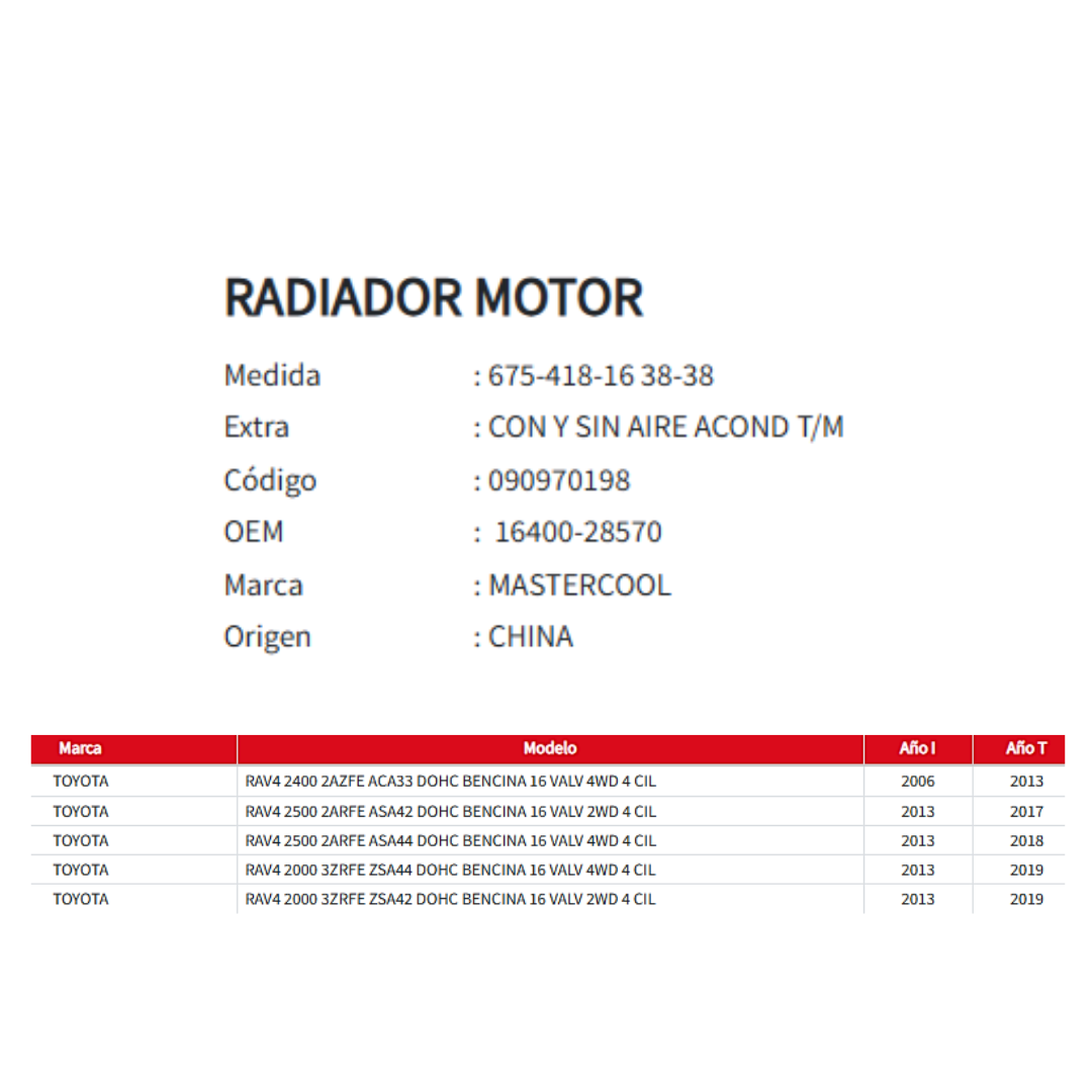 Radiador Motor Toyota RAV4  2.0/2.4/2.5  2006-2018