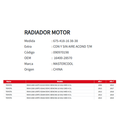 Radiador Motor Toyota RAV4  2.0/2.4/2.5  2006-2018
